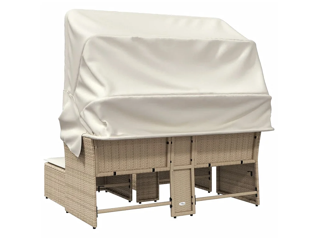 Canapé de jardin 2 places avec auvent et tabourets beige rotin