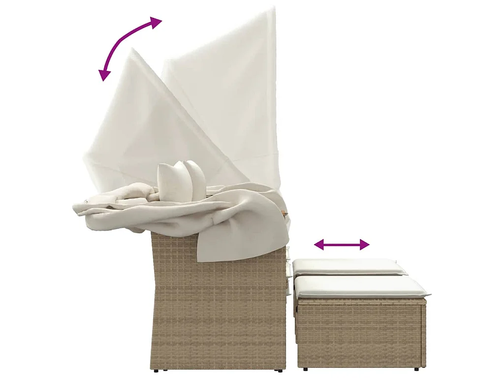 Canapé de jardin 2 places avec auvent et tabourets beige rotin