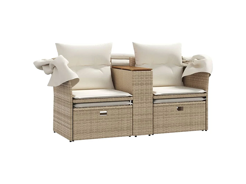 Canapé de jardin 2 places avec auvent et tabourets beige rotin