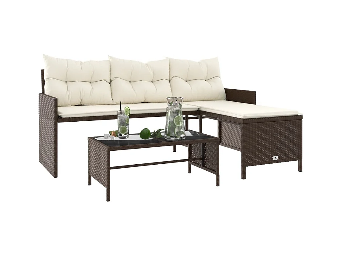 Canapé de jardin avec table et coussins en forme de L marron