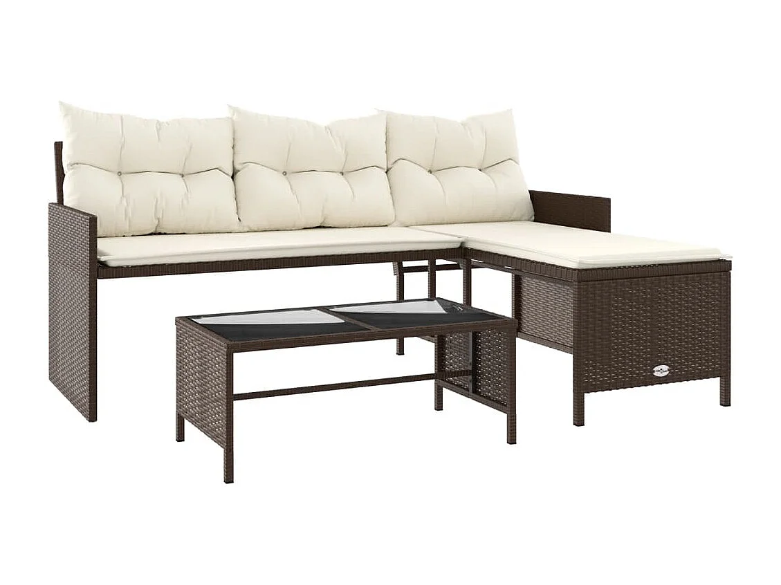 Tuinbank met tafel en kussens L-vormig poly rattan bruin