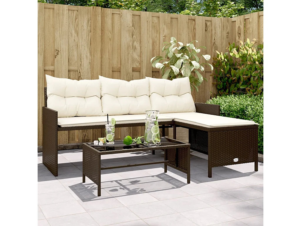 Tuinbank met tafel en kussens L-vormig poly rattan bruin
