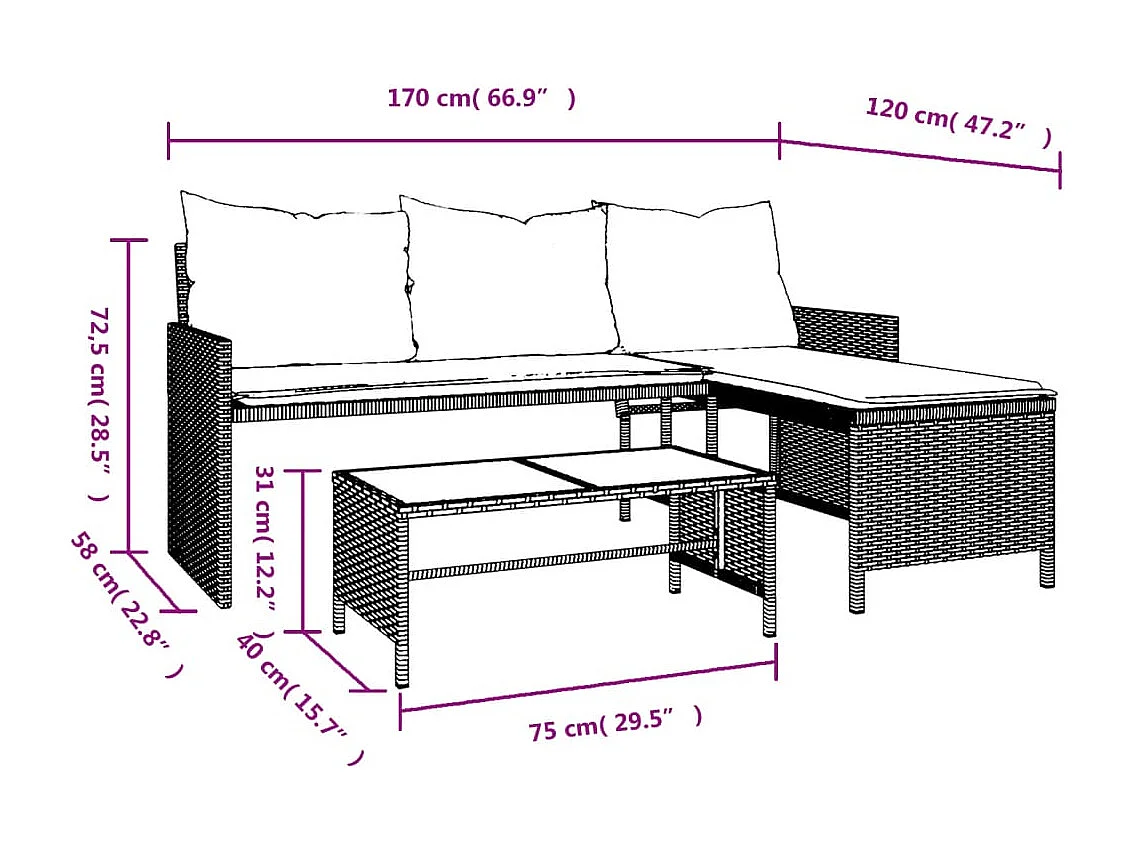 Tuinbank met tafel en kussens L-vormig poly rattan bruin