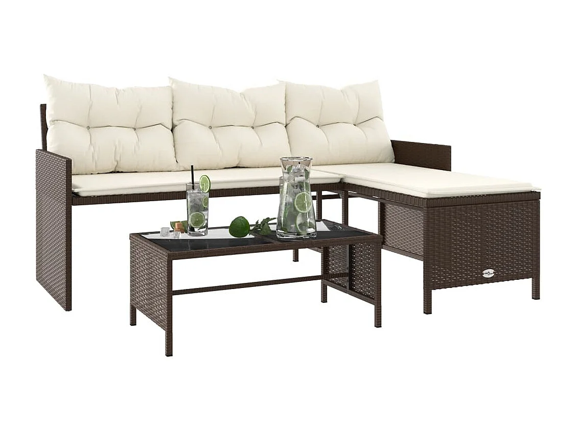 Tuinbank met tafel en kussens L-vormig poly rattan bruin