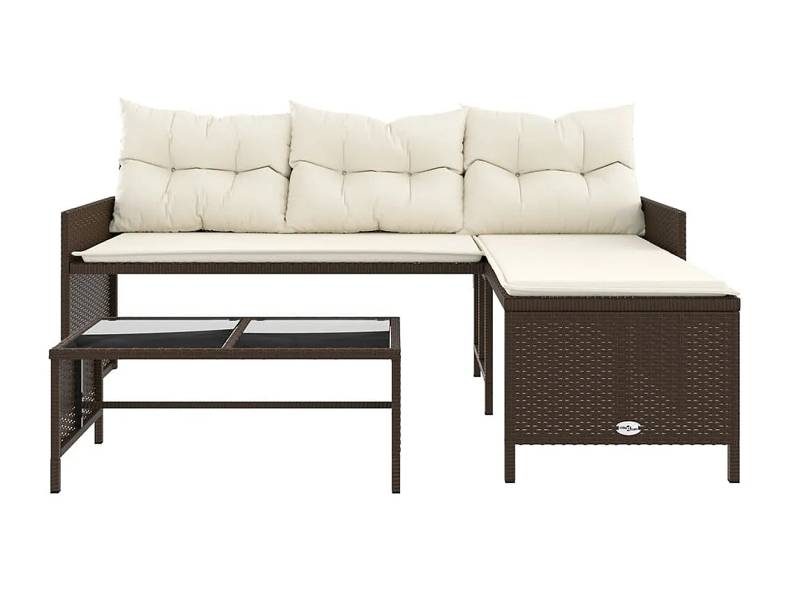 Tuinbank met tafel en kussens L-vormig poly rattan bruin