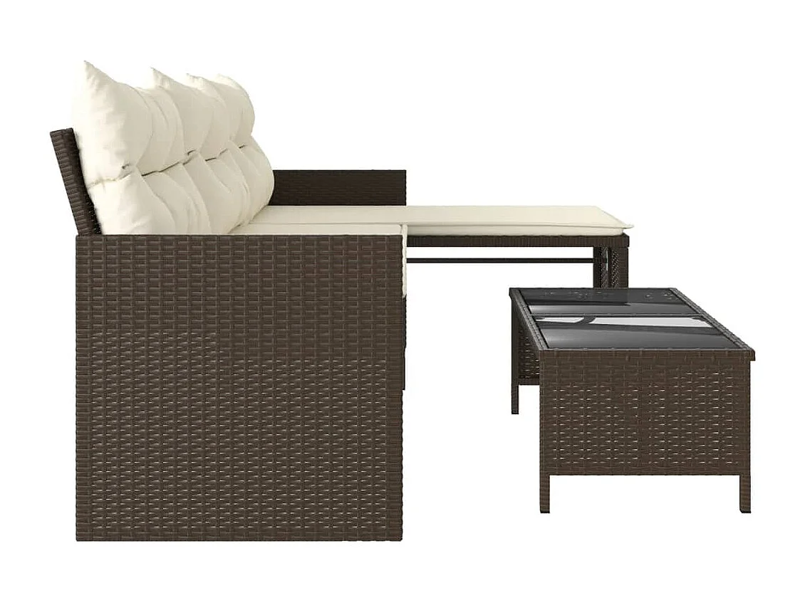 Tuinbank met tafel en kussens L-vormig poly rattan bruin