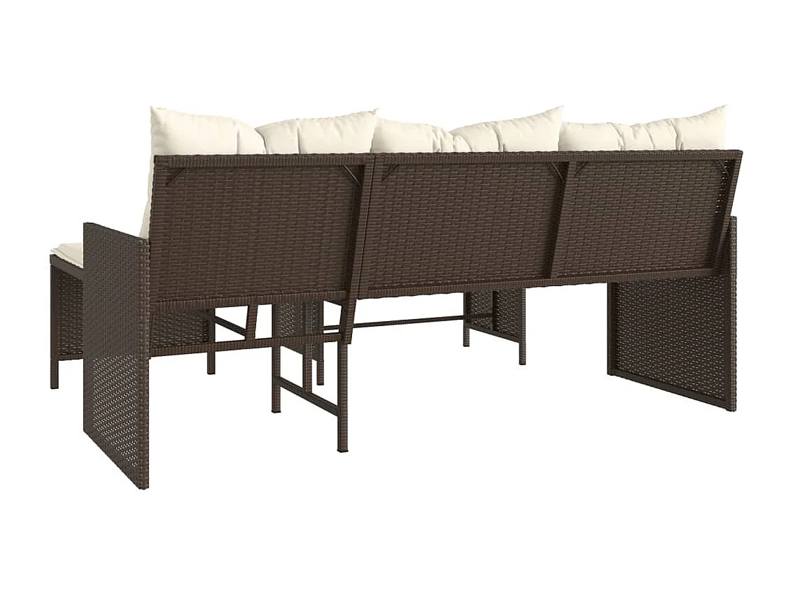 Tuinbank met tafel en kussens L-vormig poly rattan bruin