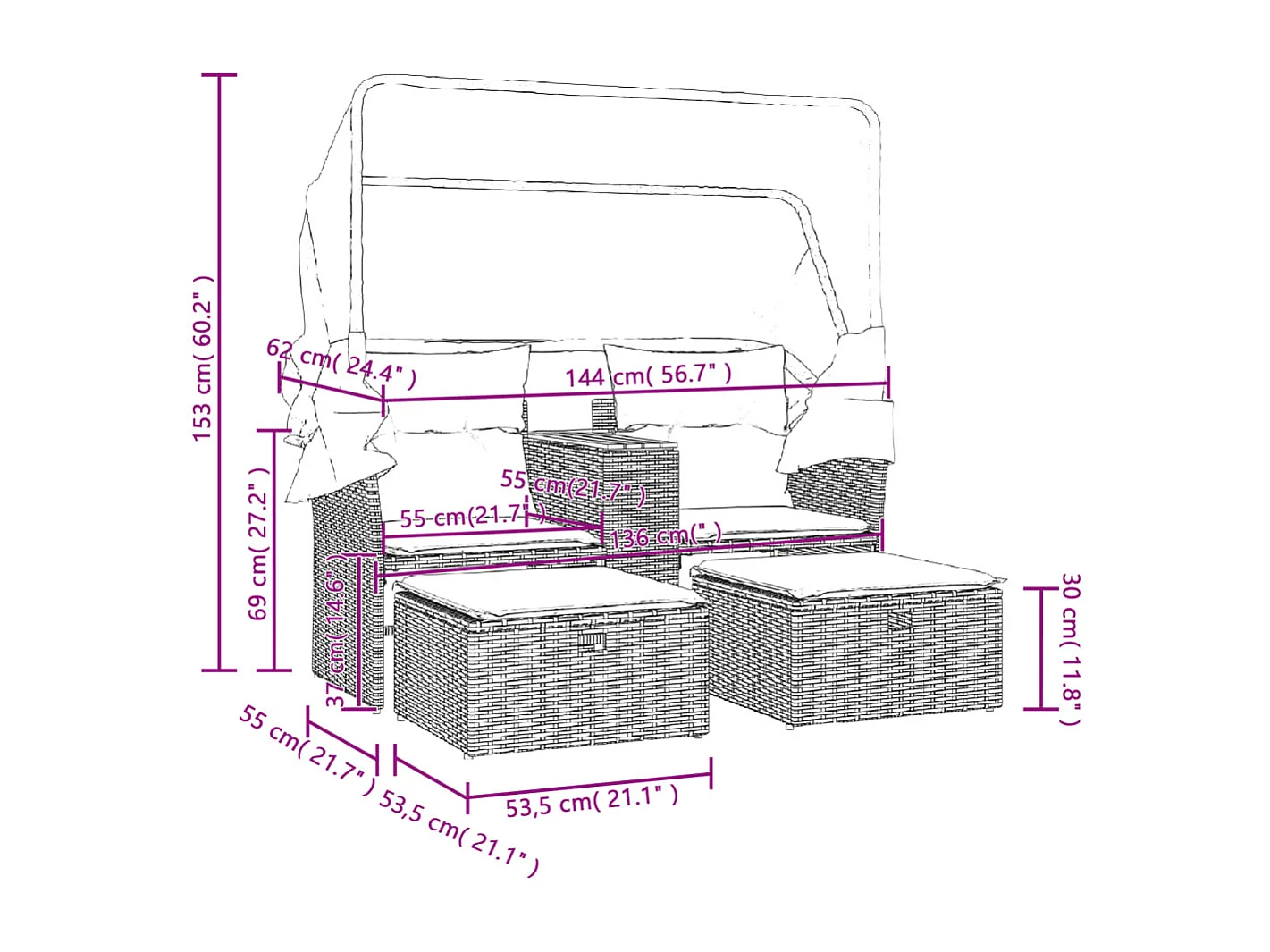 Canapé de jardin 2 places avec auvent et tabourets gris rotin