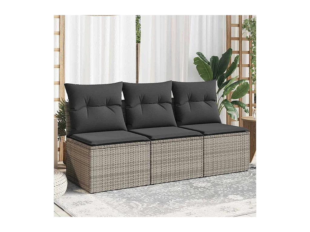 Gartensofa mit Kissen 3-Sitzer Grau Poly Rattan