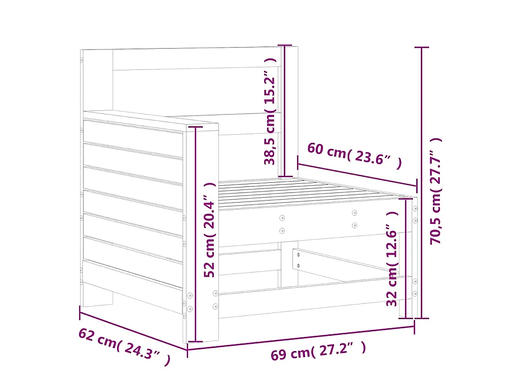 Gartensofa mit Armlehne Weiß 69x62x70,5 cm Massivholz Kiefer