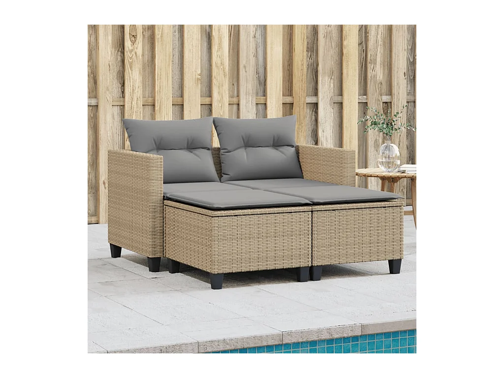 Canapé de jardin 2 places avec tabourets beige résine tressée