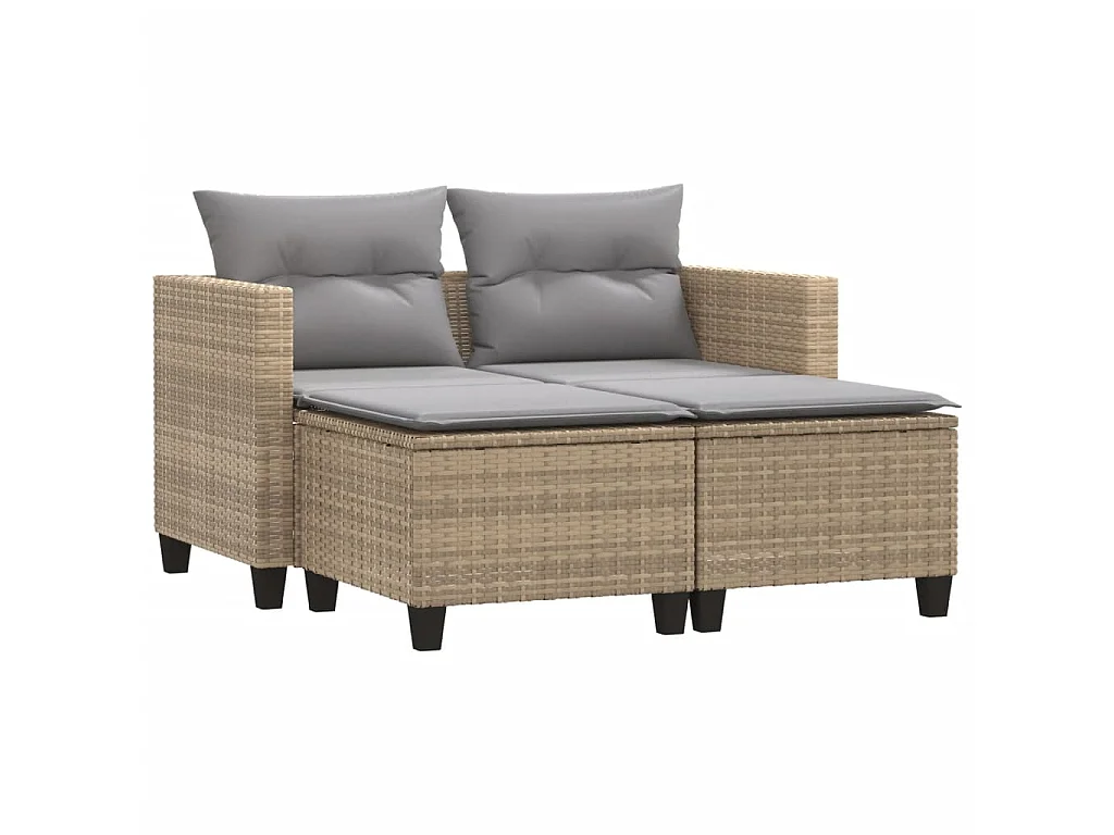 Gartensofa 2-Sitzer mit Hockern Beige Poly Rattan