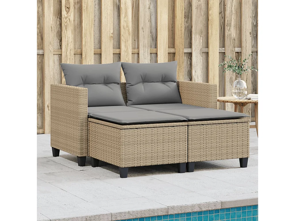 Gartensofa 2-Sitzer mit Hockern Beige Poly Rattan