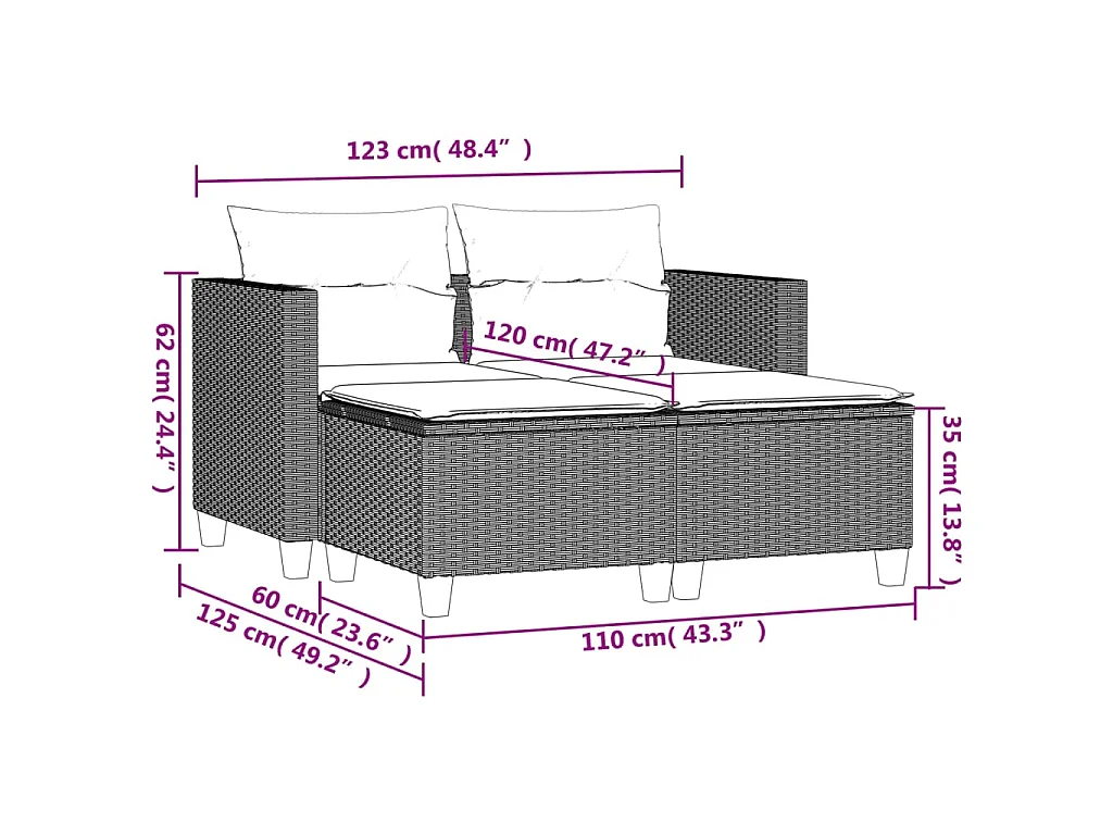 Gartensofa 2-Sitzer mit Hockern Beige Poly Rattan