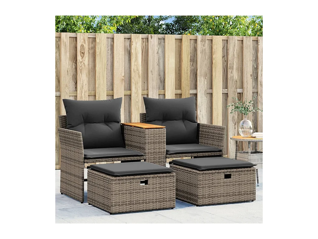 Gartensofa 2-Sitzer mit Hockern Grau Poly Rattan