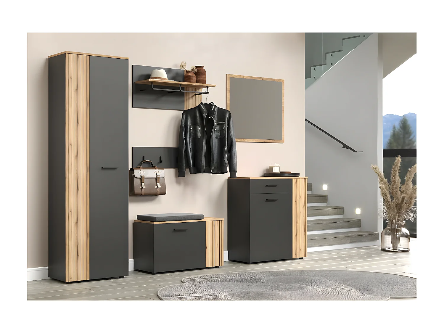 Esteban banc gris, chêne décor.