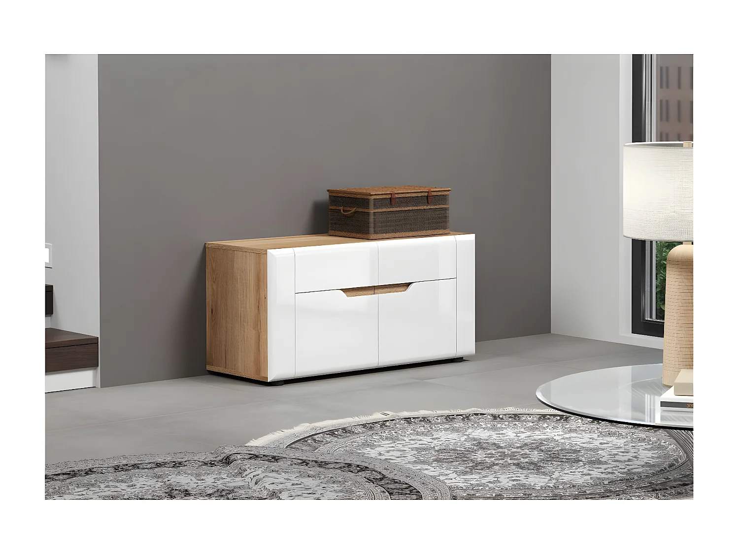 Marlon banc brillant blanc, chêne décor.