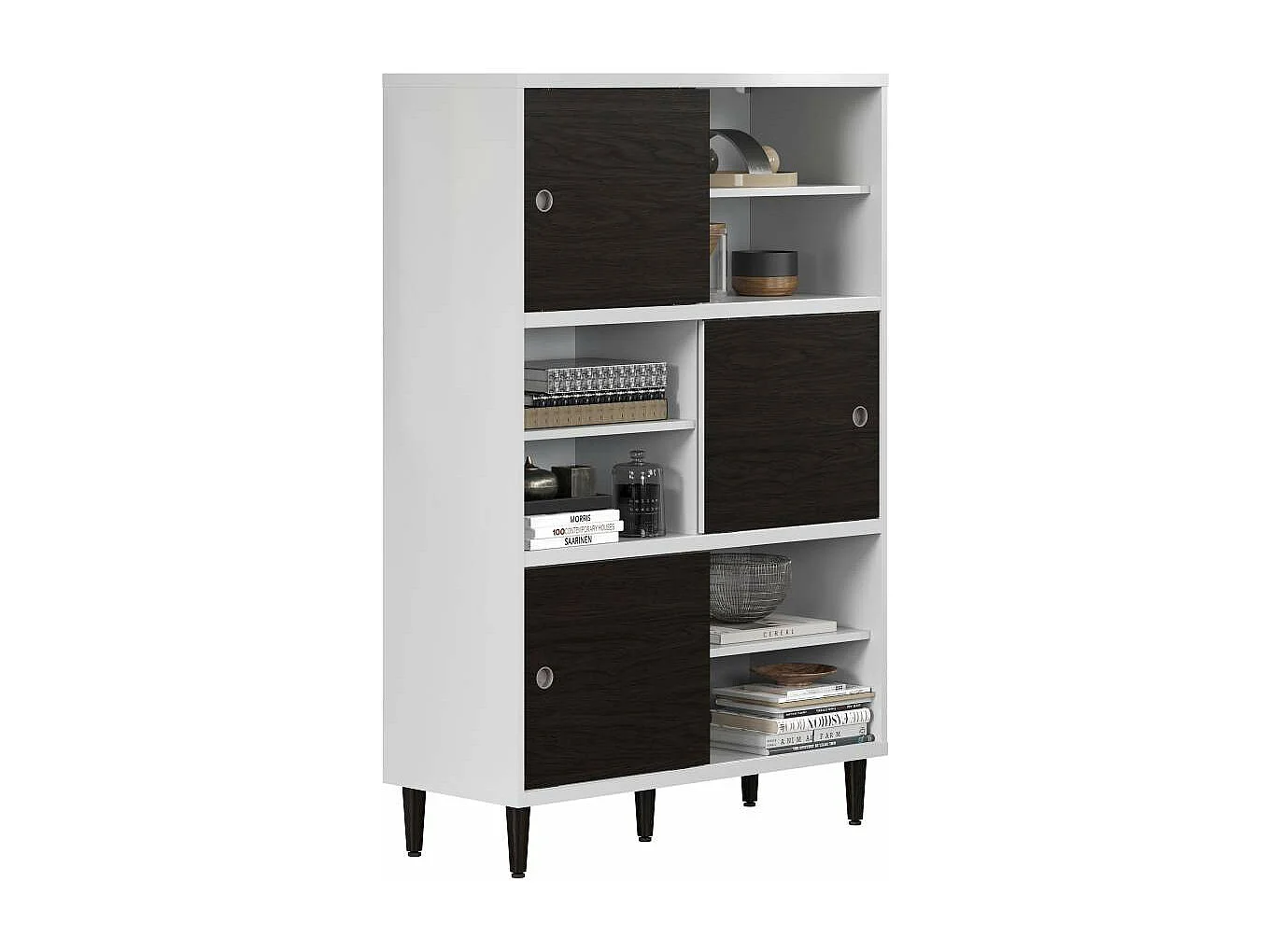 Evolution bibliothèque 3 portes, 6 étagères blanc, noir.