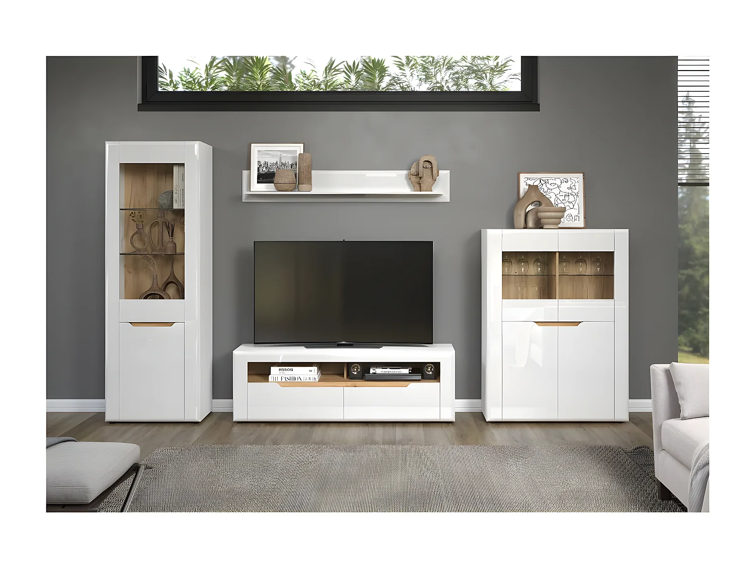 Marlon bibliothèque système blanc, chêne décor, brillant blanc.