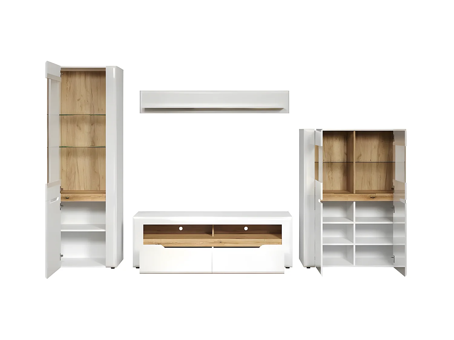 Marlon bibliothèque système blanc, chêne décor, brillant blanc.