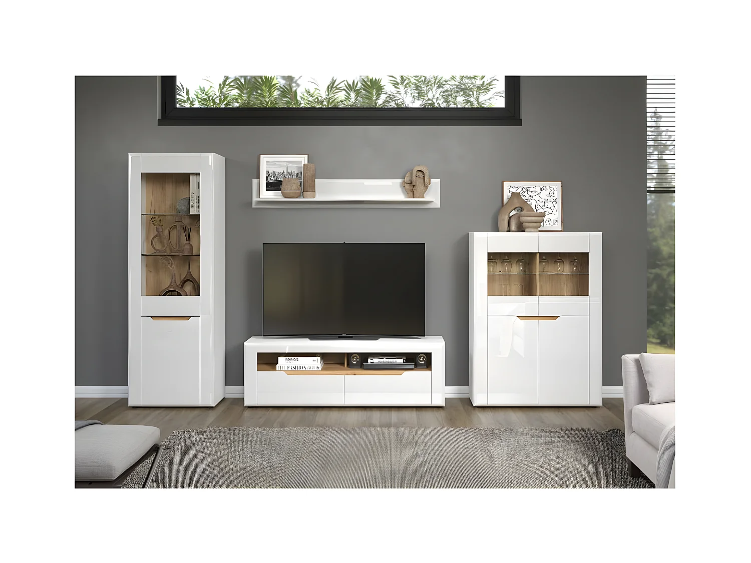 Marlon bibliothèque système blanc, chêne décor, brillant blanc.