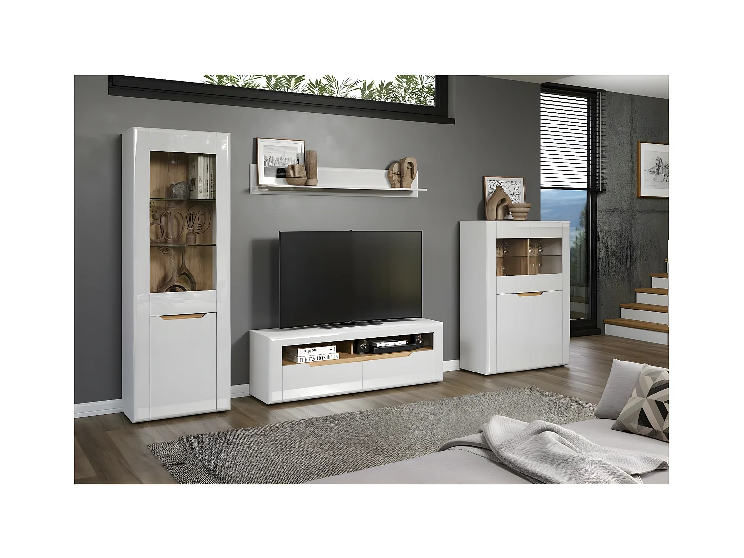 Marlon bibliothèque système blanc, chêne décor, brillant blanc.