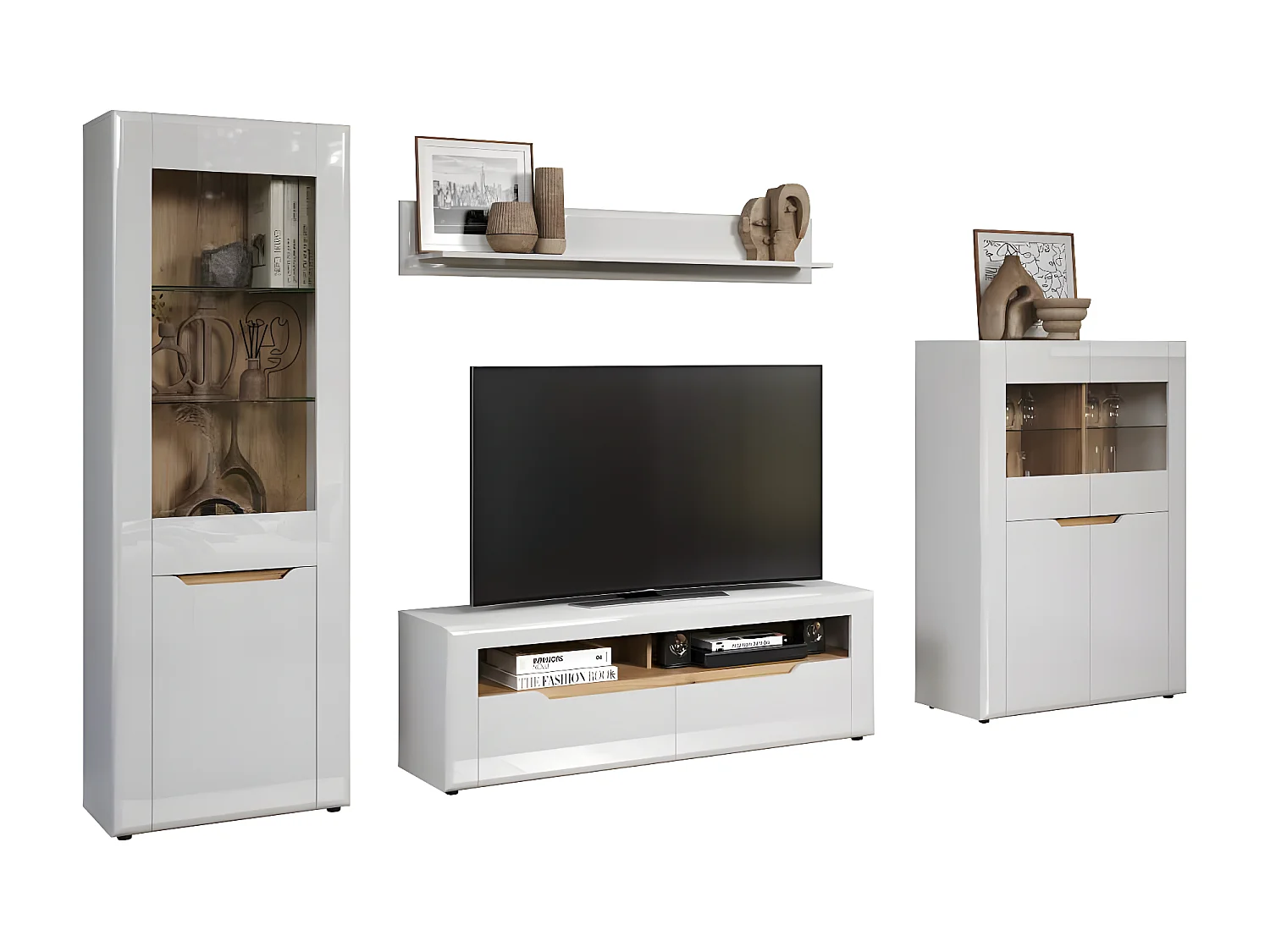 Marlon bibliothèque système blanc, chêne décor, brillant blanc.