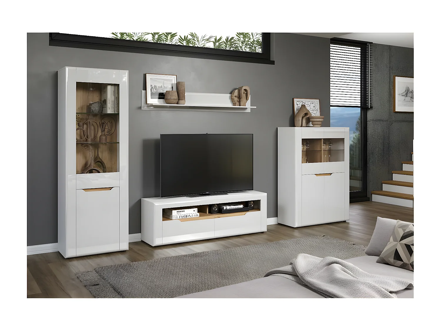 Marlon bibliothèque système blanc, chêne décor, brillant blanc.