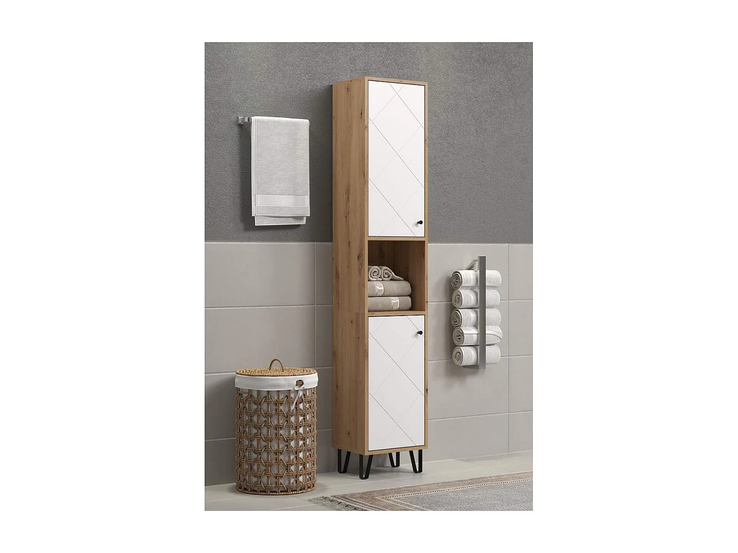 Touch armoire haute pour salle de bain accroché au mur chêne décor, mat blanc.