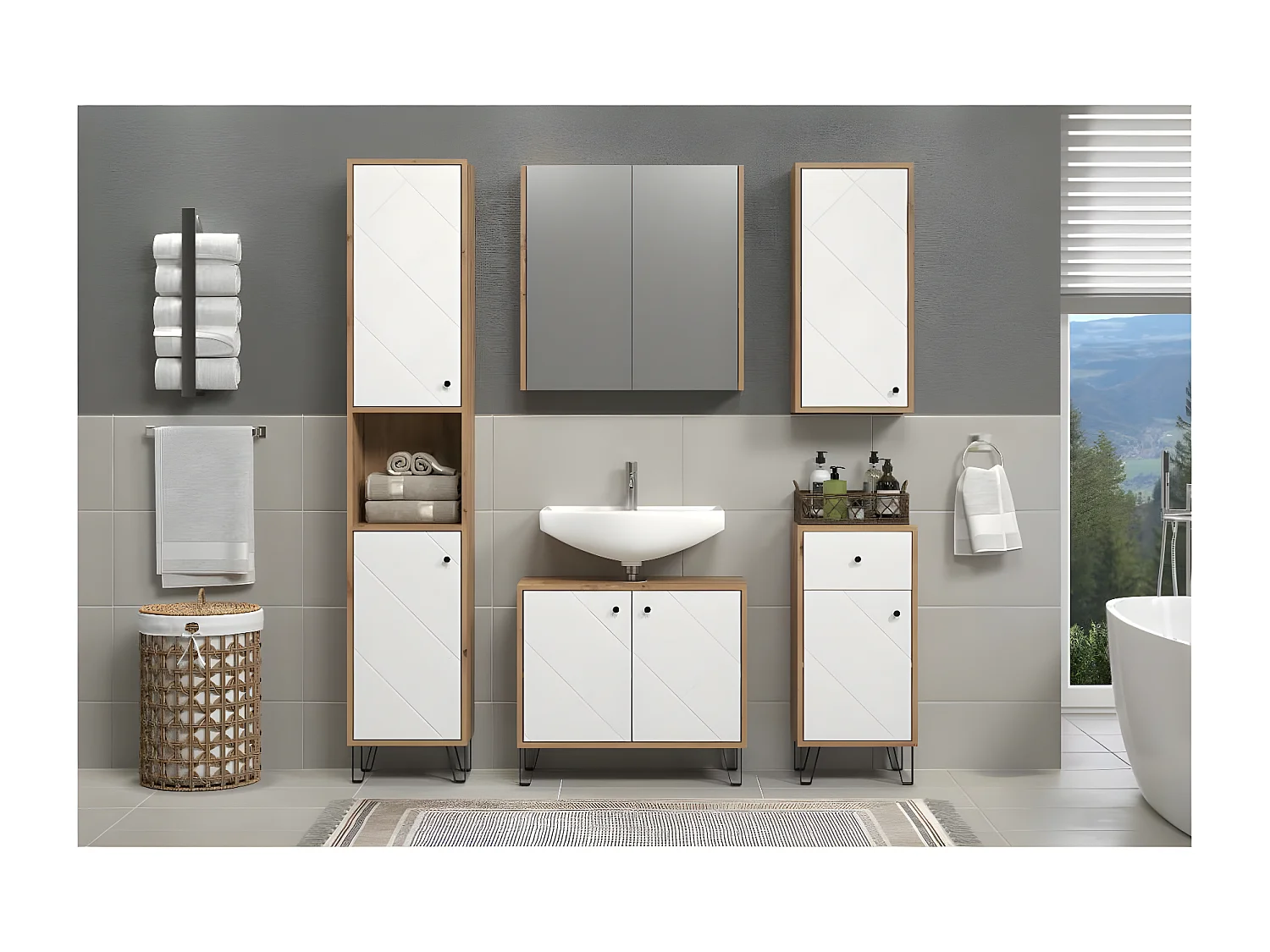 Touch armoire haute pour salle de bain accroché au mur chêne décor, mat blanc.
