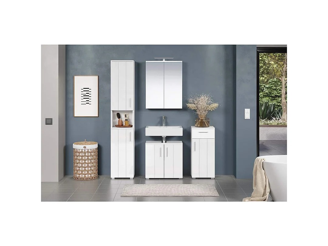 Wons armoire haute pour salle de bain brillant blanc.