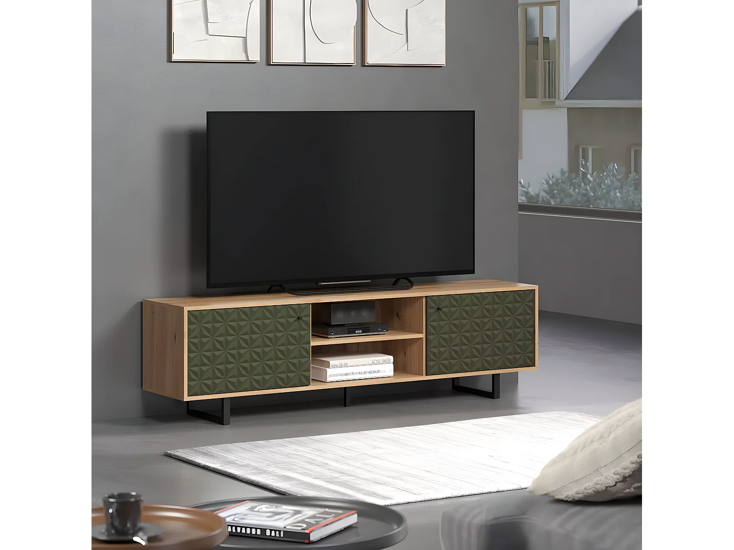 Sentra meuble TV vert, chêne décor.