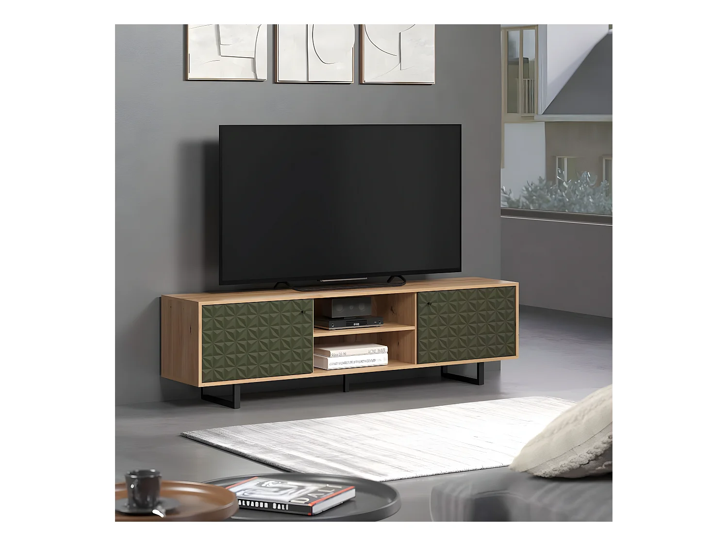 Sentra TV-meubel groen, eik decor.