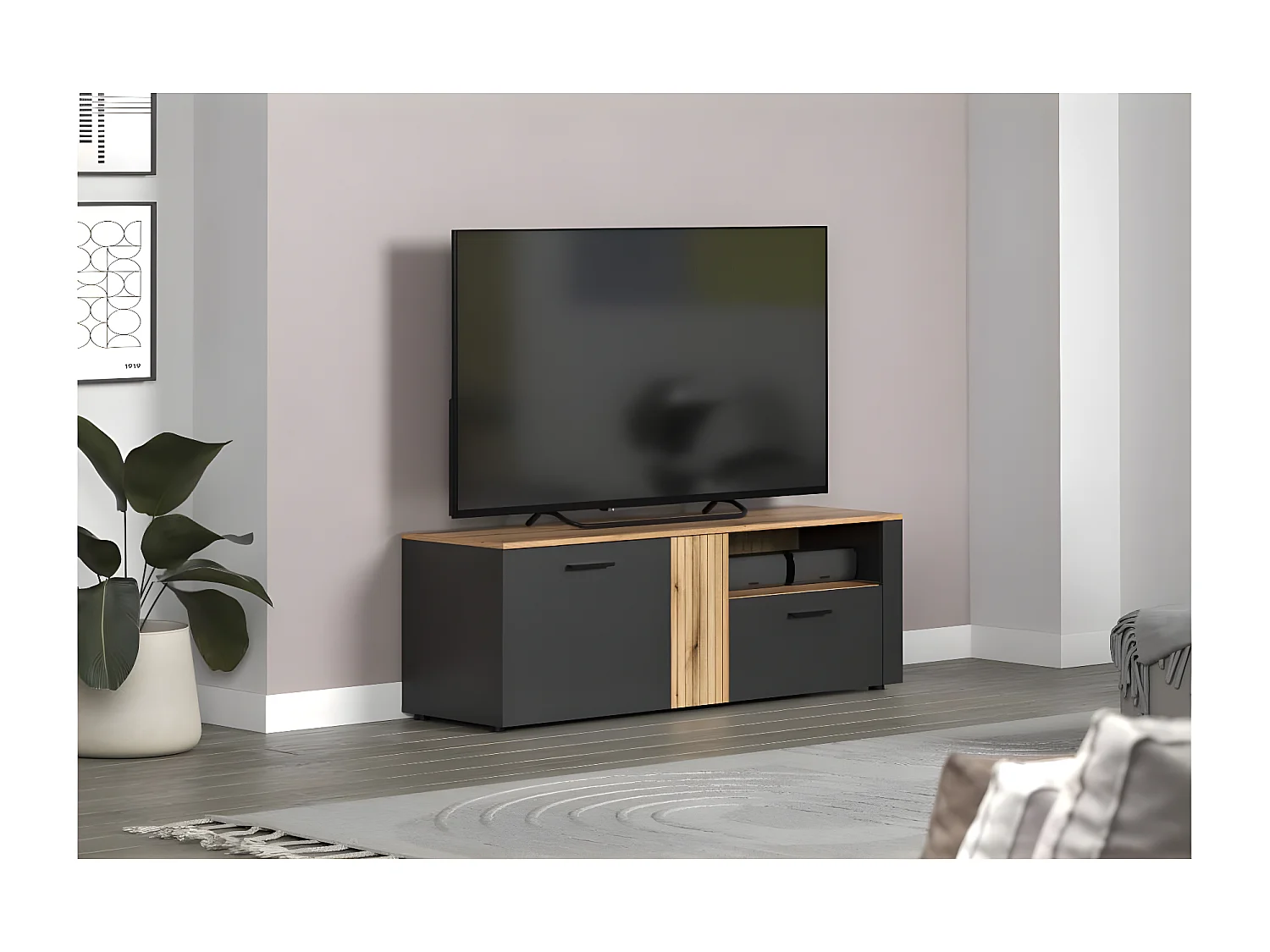 Esteban meuble TV gris, chêne décor.