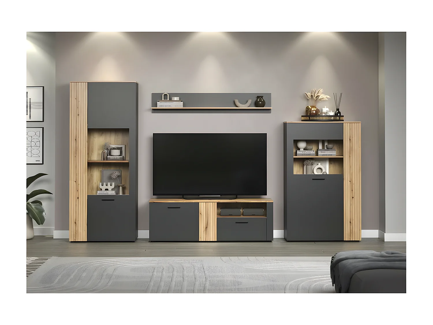 Esteban meuble TV gris, chêne décor.