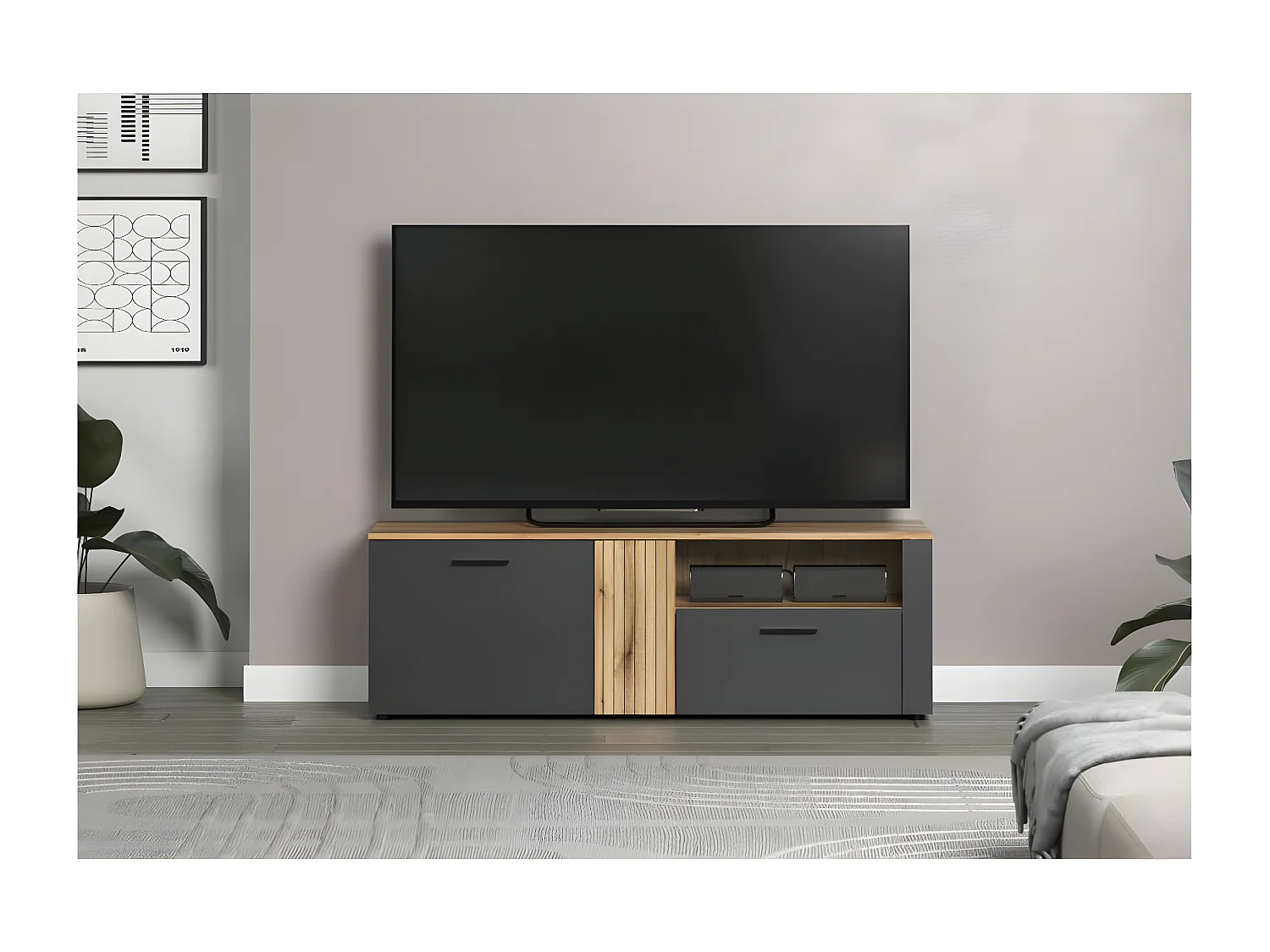 Esteban TV-meubel grijs, eik decor.