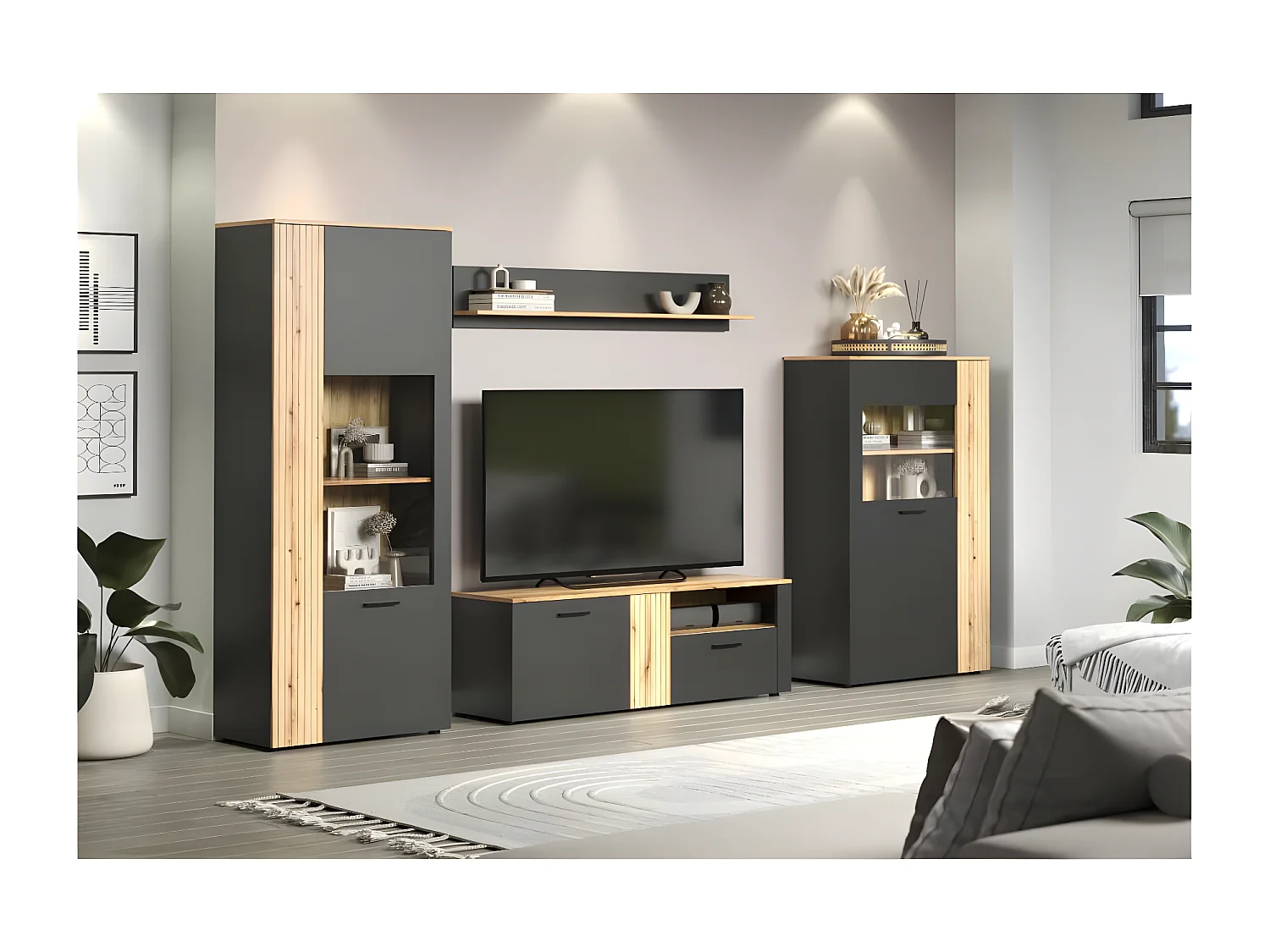 Esteban TV-meubel grijs, eik decor.