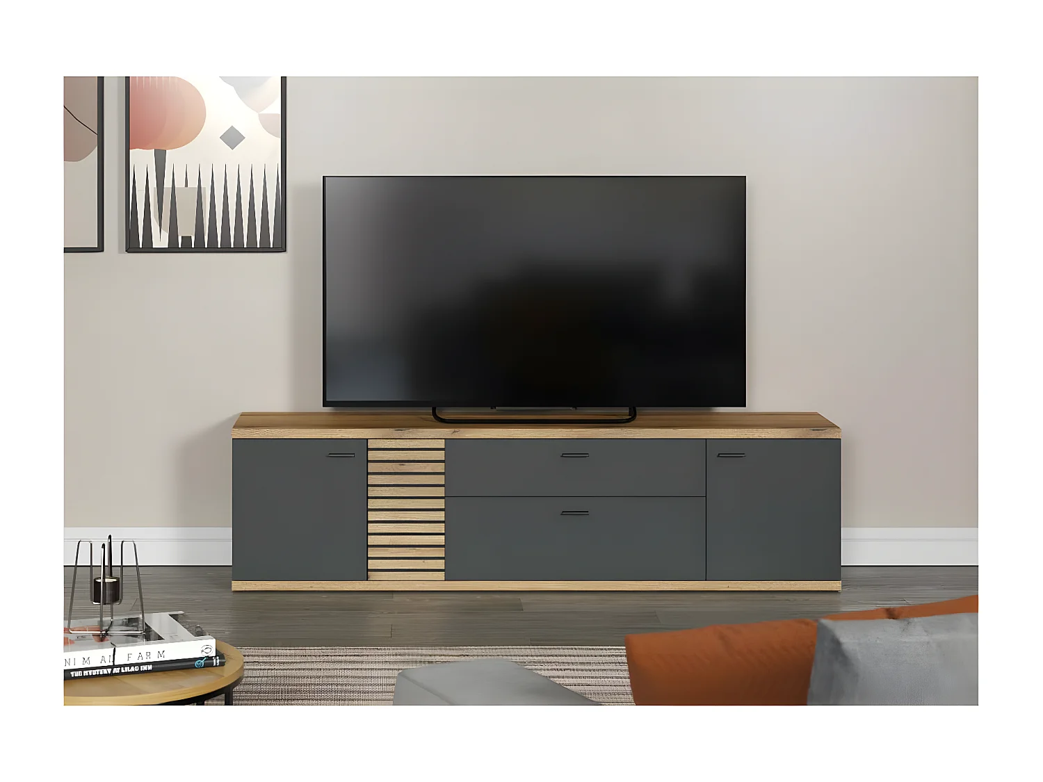 Norris meuble TV gris, chêne décor.