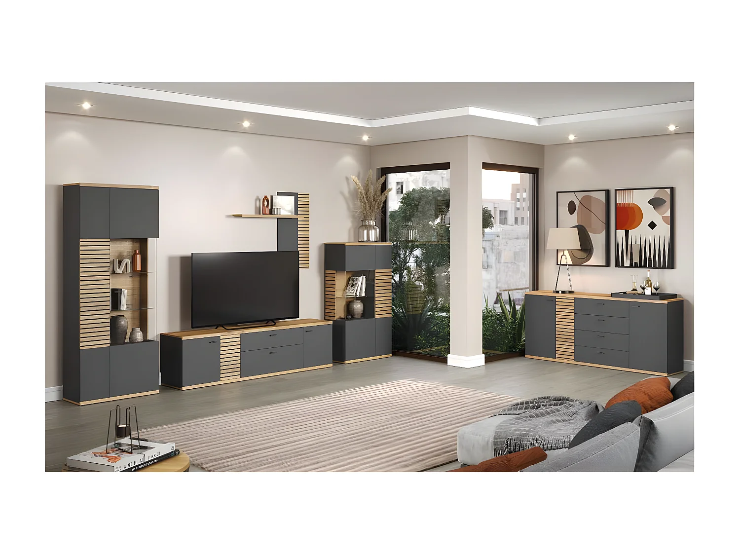 Norris meuble TV gris, chêne décor.