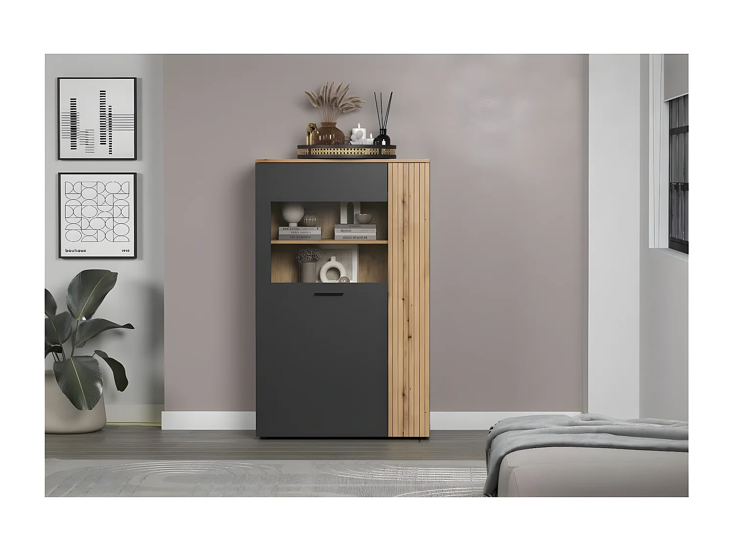 Esteban Vitrinenschrank grau, Eiche dekor.