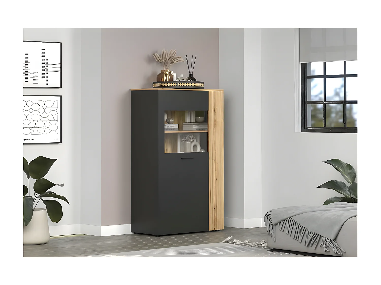 Esteban vitrinekast grijs, eik decor.