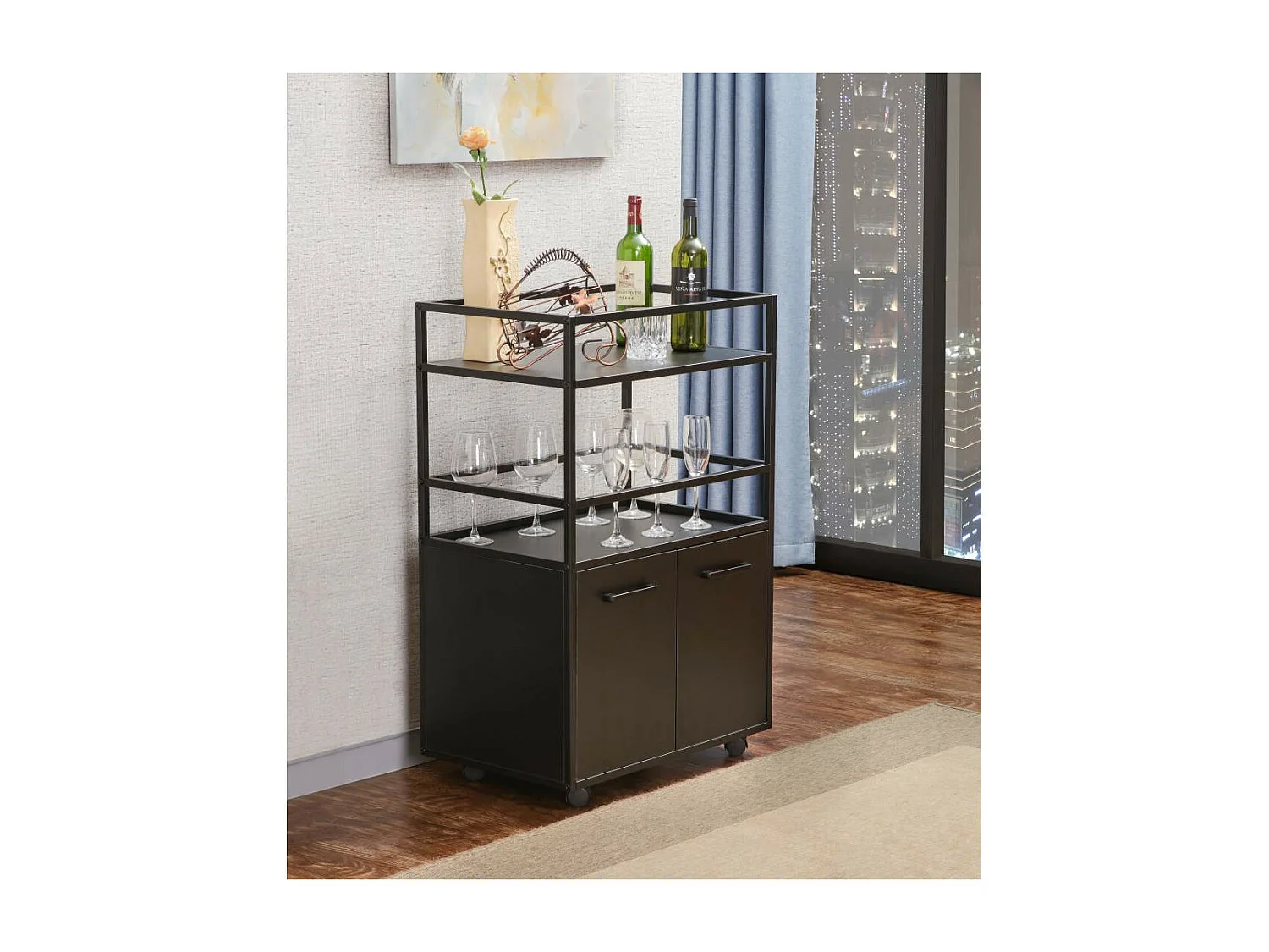 Buffet sur roulettes 2 portes, 2 plateaux et 4 roulettes L60 cm - MOSAIK