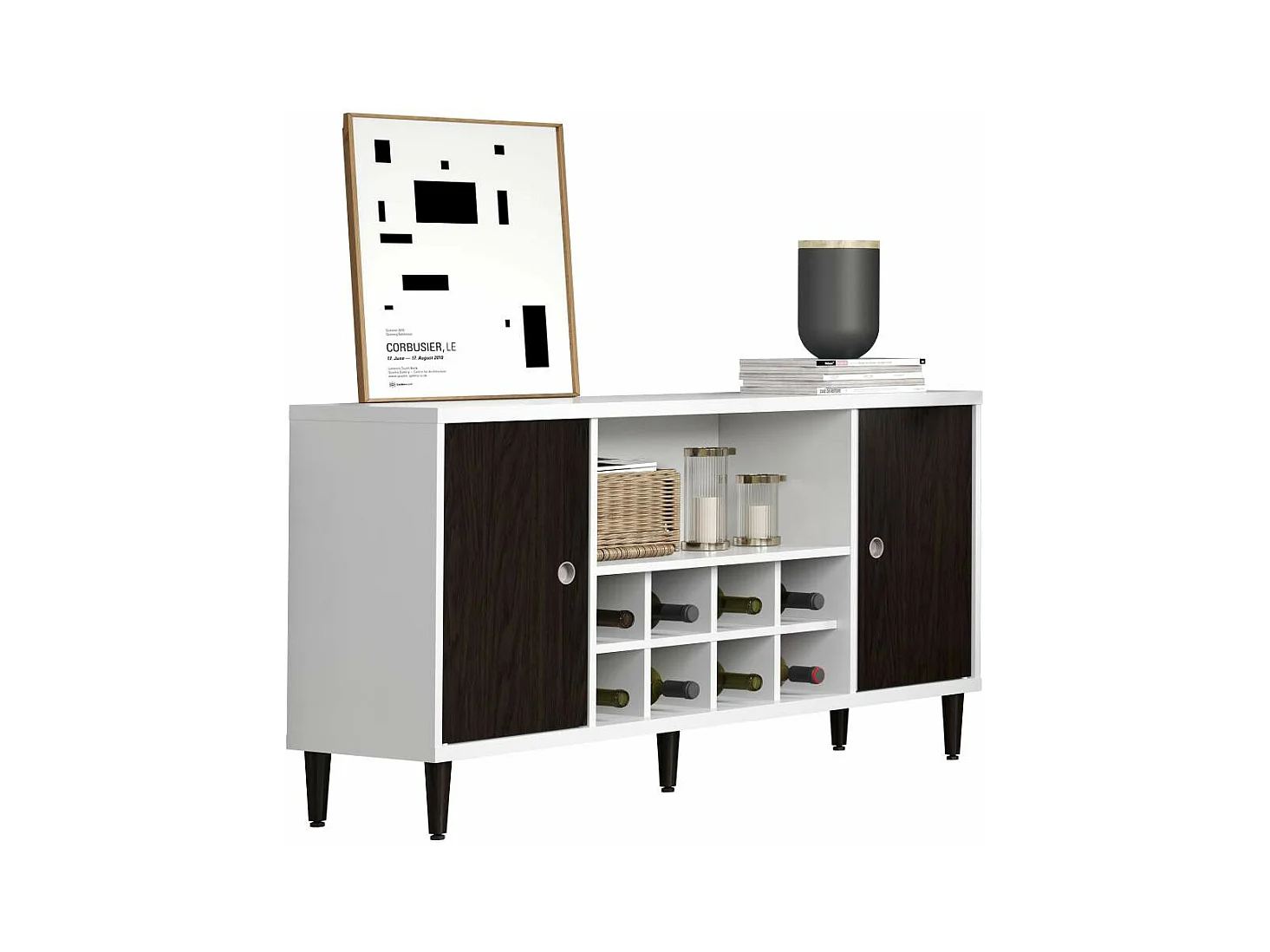 Evolution dressoir 2 deuren, 1 plank, 8 flessen wijn wit, zwart.