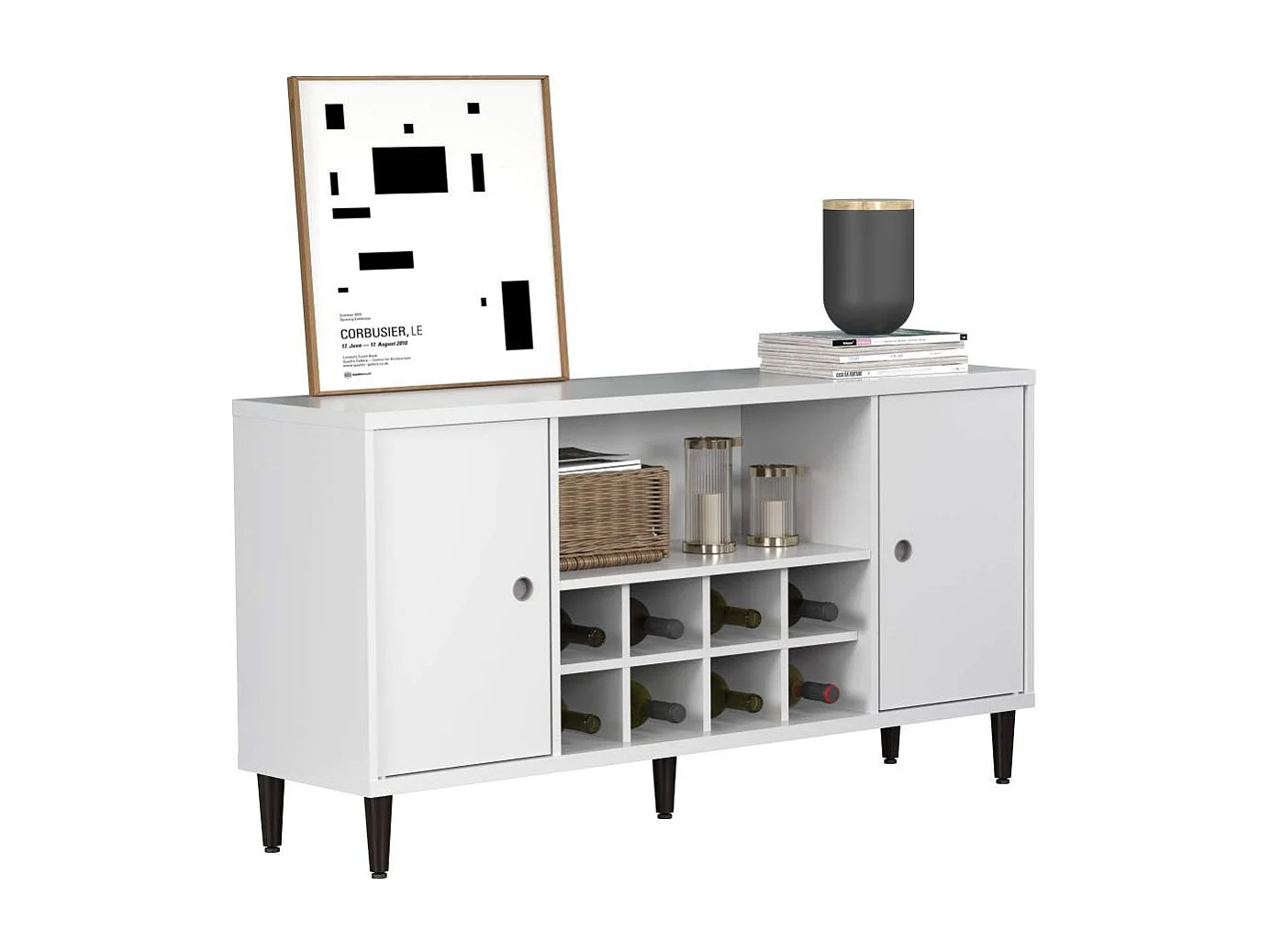 Evolution buffet 2 portes, 1 étagère, 8 bouteilles de vin blanc, noir.