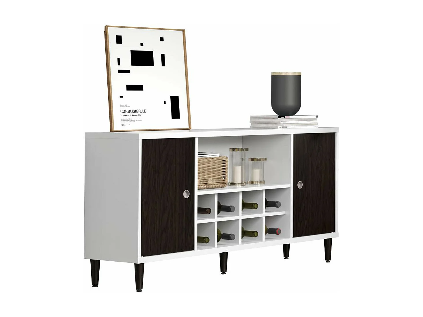 Evolution buffet 2 portes, 1 étagère, 8 bouteilles de vin blanc, noir.