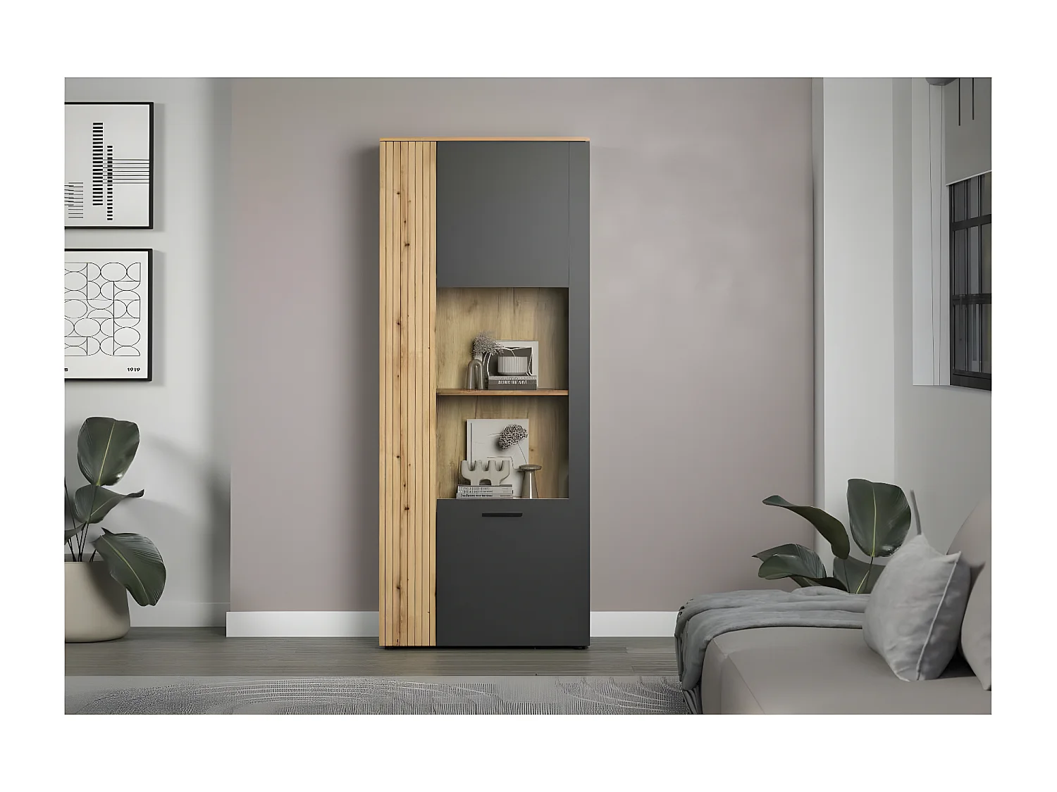 Esteban vitrinekast grijs, eik decor.