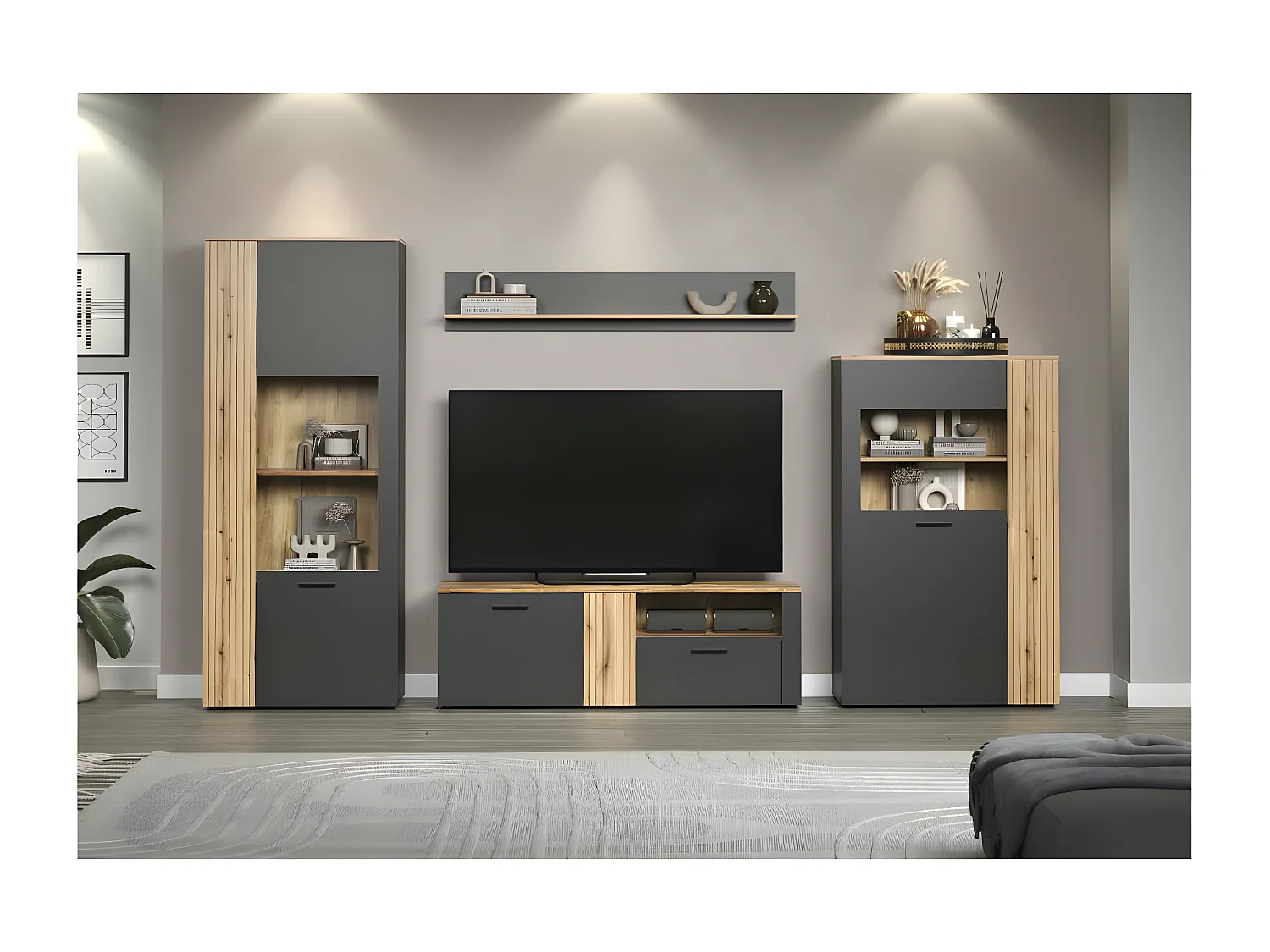 Esteban vitrinekast grijs, eik decor.