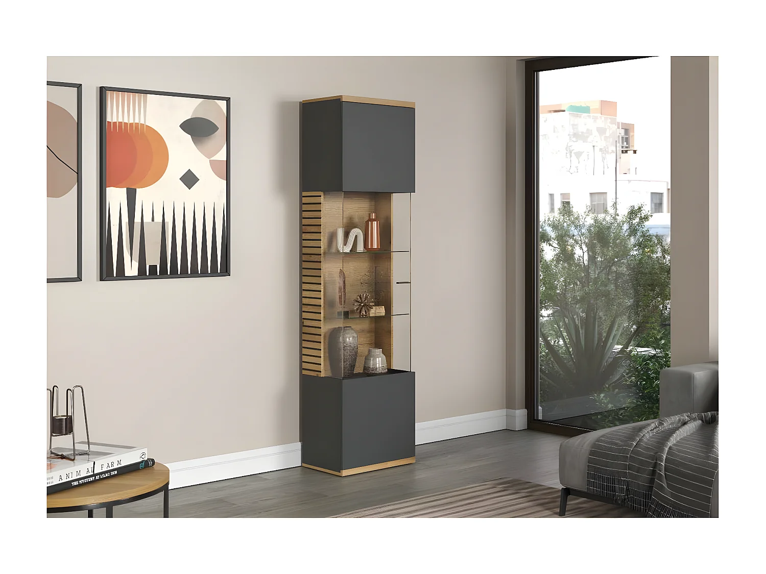 Norris vitrinekast grijs, eik decor.