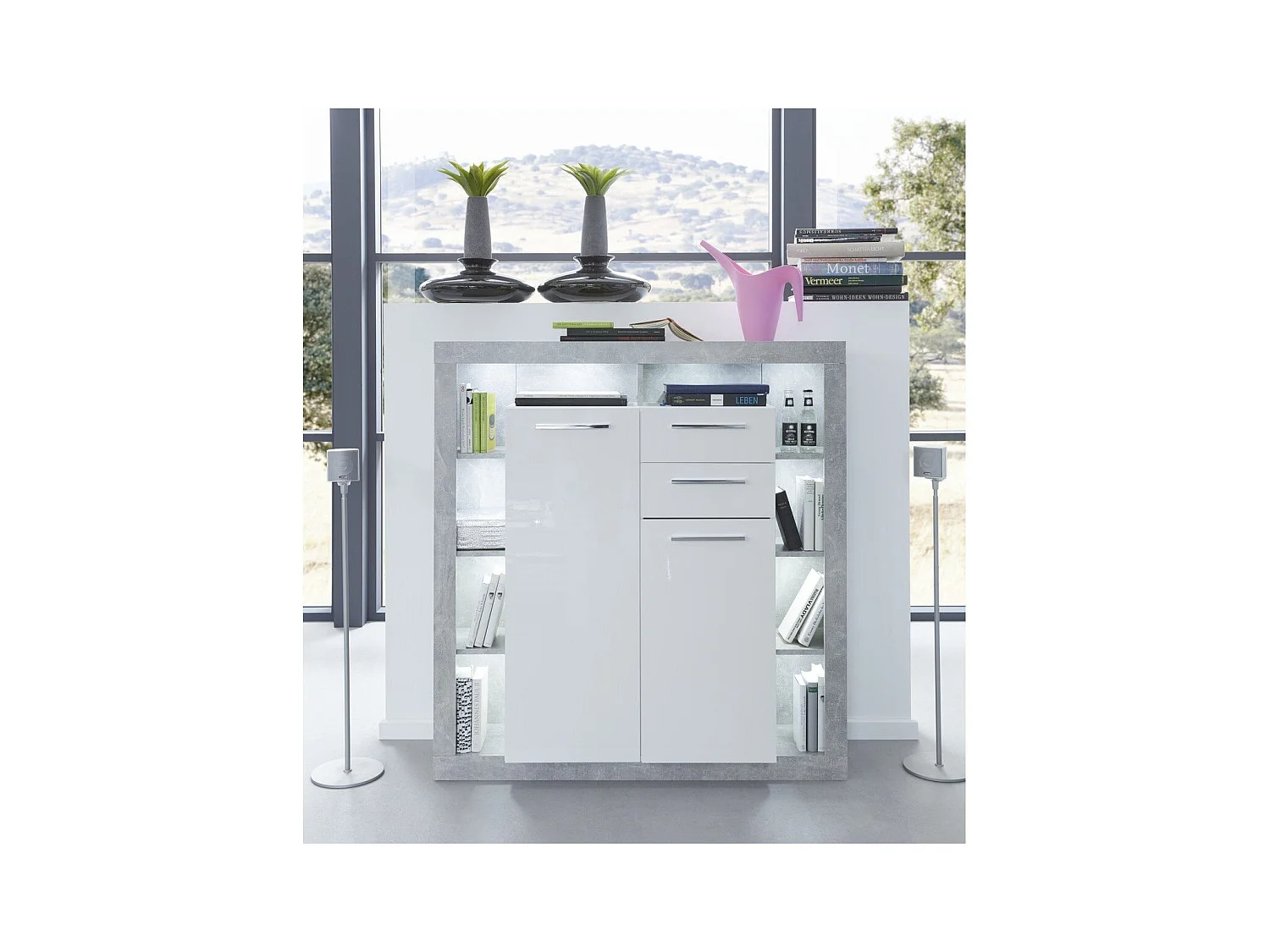 GwendolynRock Sideboard 2 Türen, 2 Schubladen, Regale weiß Hochglanz.