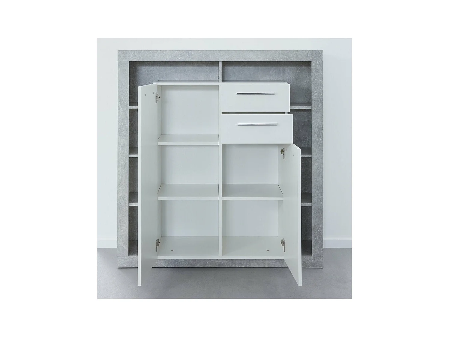 GwendolynRock Sideboard 2 Türen, 2 Schubladen, Regale weiß Hochglanz.
